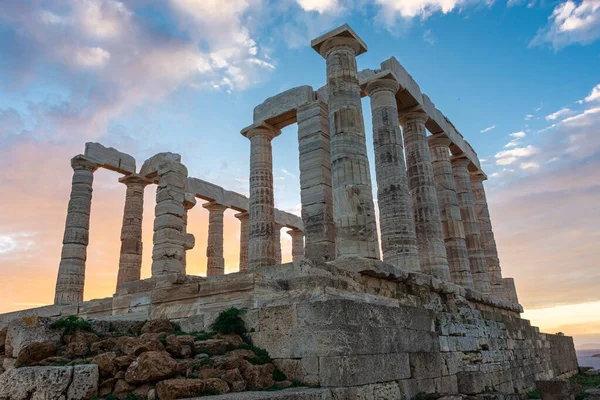 Tempio Poseidone Capo Sounion Tramonto Sul Mar Egeo Grecia — Foto Stock