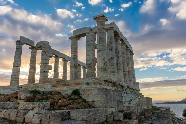 Tempio Poseidone Capo Sounion Tramonto Sul Mar Egeo Grecia — Foto Stock