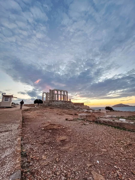 Храм Посейдона Мысе Сунион Закате Над Эгейским Морем Греции — стоковое фото