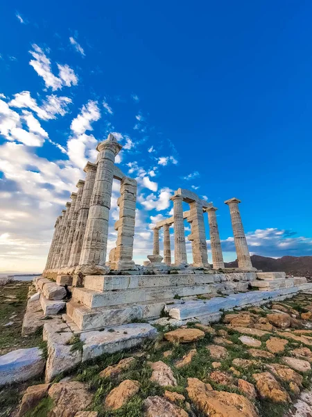 Tempio Poseidone Capo Sounion Tramonto Sul Mar Egeo Grecia — Foto Stock