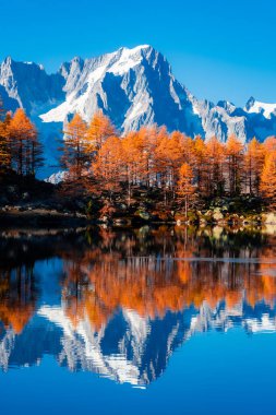 Monte Rosa 'nın (İtalyan Alpleri) sonbahar yeşilliklerindeki Arpy Gölü üzerindeki güzel yansıması, İtalya