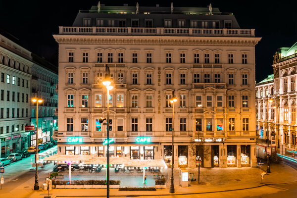 VIENNA, AUSTRIA, 19 FEBRUARY 2022: Night view of the Hotel Sacher