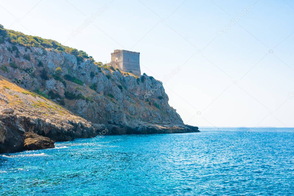 Ancient tower on a cliff of Porto Selvaggio, Salento, Apulia, Italy