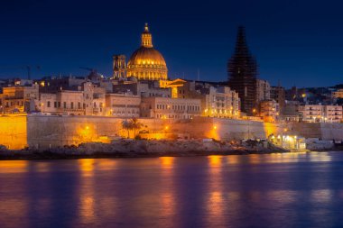Skyline of Valletta by night, view from Sliema, Malta
