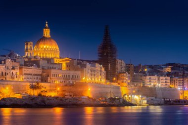 Skyline of Valletta by night, view from Sliema, Malta