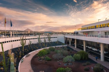 ARRECIFE, SPAIN, 22 MARCH 2022: Entrance to the departures of the Airport of Lanzarote, Canary Islands, Spain