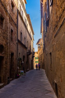 Pienza, Italy, 15 April 2022: medieval street in the center