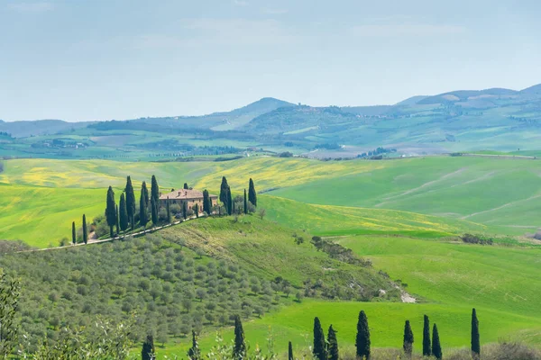 Eenzame Boerderij Een Heuvel Weilanden Van Toscane Italië — Stockfoto