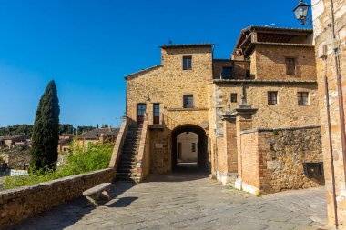 San Quirico d'Orcia, Italy, 16 April 2022: View of the medieval town