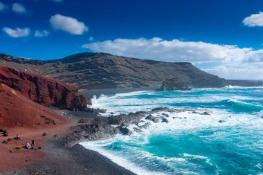 Lanzarote, Spain, 20 March 2022: The Atlantic Ocean at El Golfo black volcanic beach