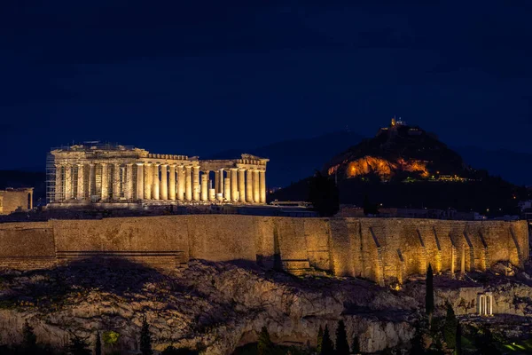 Bela Vista Noturna Partenon Acrópole Atenas Grécia — Fotografia de Stock