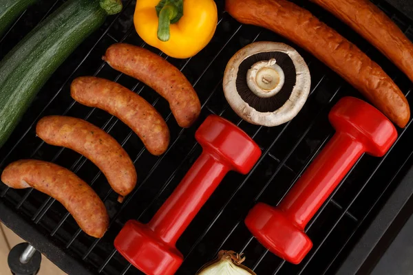 Heavy Dumbbells Bell Pepper Zucchini Courgette Mushroom Sausages Grill Fit — Stock Photo, Image