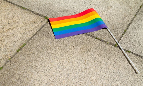 Small rainbow pride flag, symbol of LGBT lesbian, gay, bisexual, and transgender love. Mini hand held flag stick, with copy space. Pride Parade, Equality march.