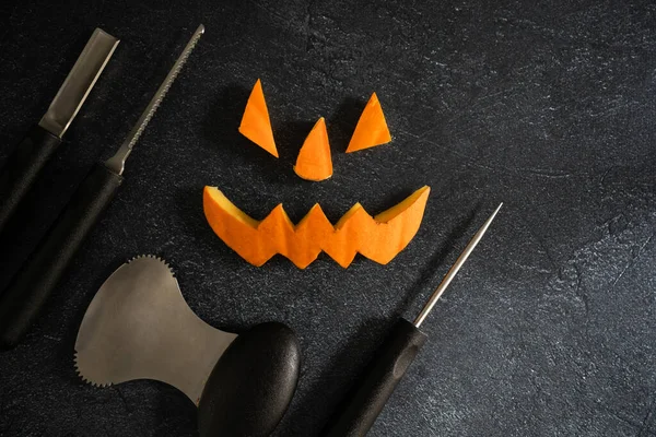 Halloween Pumpor Läskigt Skratt Skrämmande Snidade Jack Lantern Ögon Näsa — Stockfoto