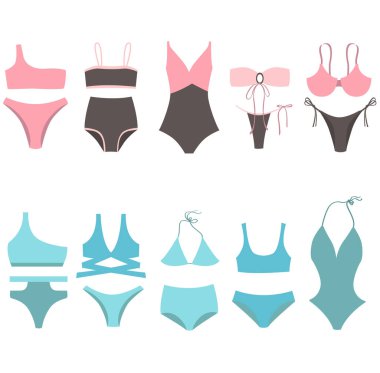 Mayo tipleri düz vektör illüstrasyonu, kadın mayoları, bikini düz illüstrasyonu, bikini seti, mayo takımı, kadınlar için mayo seti, tatil seti, yaz koleksiyonu