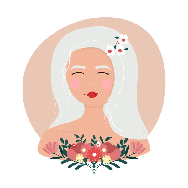 Портрет Молодой Красивой Женщины Длинными Белыми Волосами Розовыми Цветами Векторная — стоковый вектор