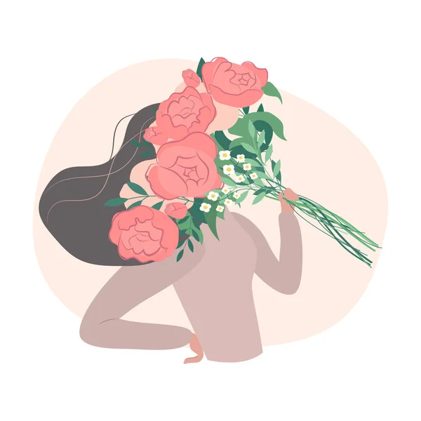 Молодая Женщина Длинными Волосами Держит Букет Розовых Весенних Цветов Пиона — стоковый вектор