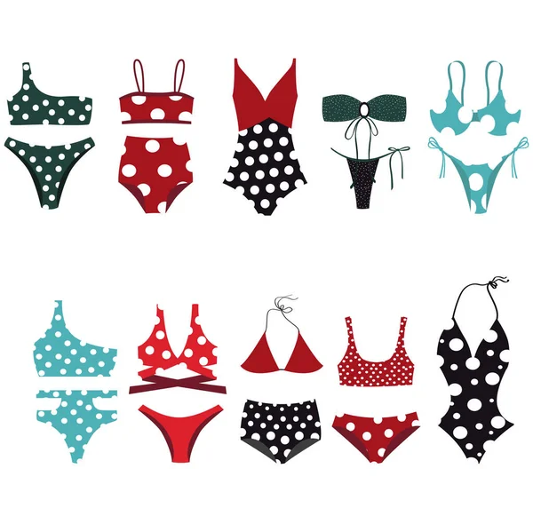 Yüzme kıyafetleri düz vektör illüstrasyonu, polka noktalı mayolar, mayo tipleri, benekli moda baskısı, tatil seti, yaz titreşimleri, yaz koleksiyonu, polka nokta koleksiyonu, bikini seti