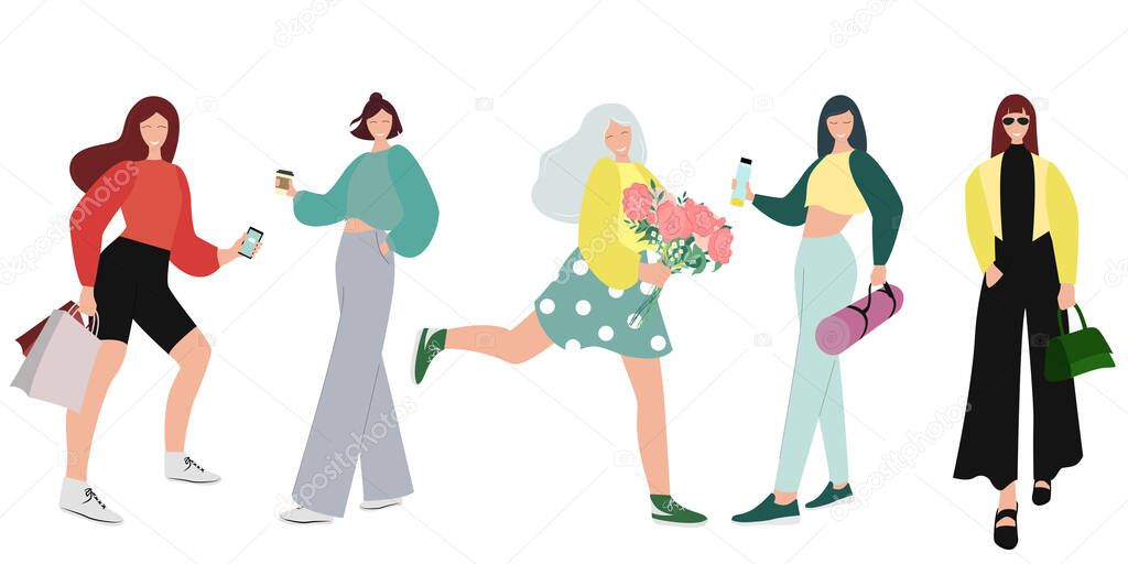 Set of happy stylish young women in fashion clothes isolated flat cartoon characters