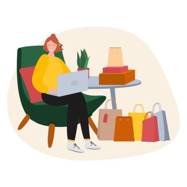 Mutlu genç bir kadın dizüstü bilgisayarla oturmuş alışveriş poşetleri ve kutu düz vektör çizimleriyle online alışveriş yapıyor.