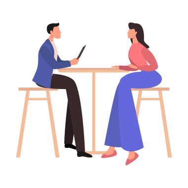 Job interview two flat characters sitting at the table isolated on white background, Recruiting concept flat vector illustration