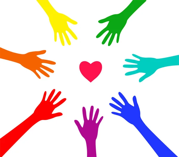 Cartoon Rainbow Colored Hands Circle Heart Lgbtq Love Concept Flat — Vector de stock