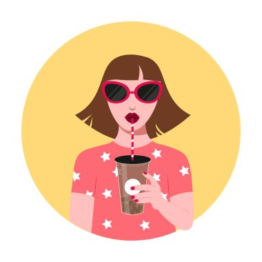 Young pretty woman with sunglasses drinking bubble tea flat vector character, Cute female character with bobatea flat vector, Fashionable girl drinking bubble tea with a straw flat vector