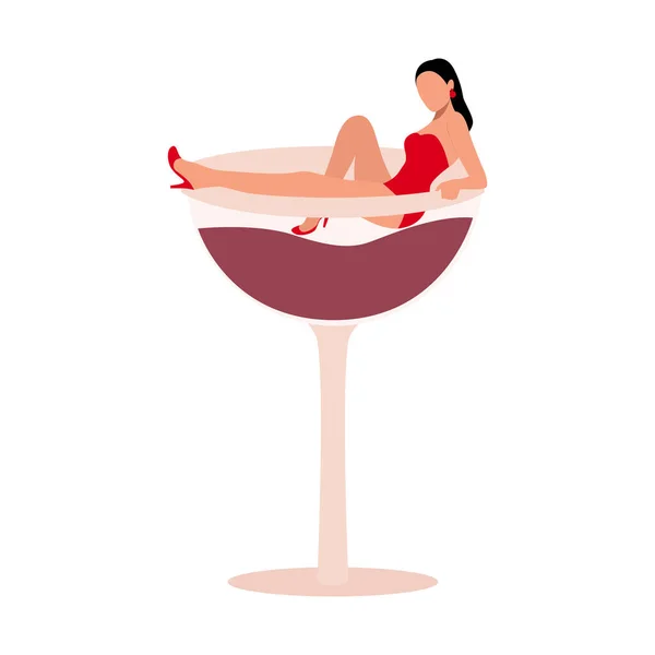 Beautiful Sexy Young Woman High Heels Glass Wine Flat Vector — стоковый вектор