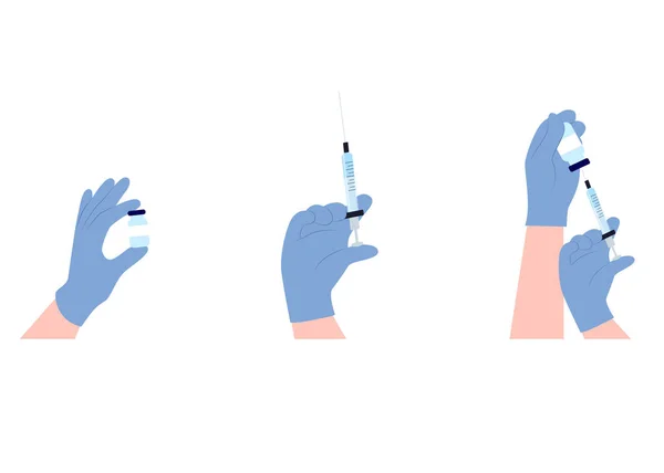 Set Hands Blue Medical Glovew Injection Bottle Syringe Flat Vector Διανυσματικά Γραφικά