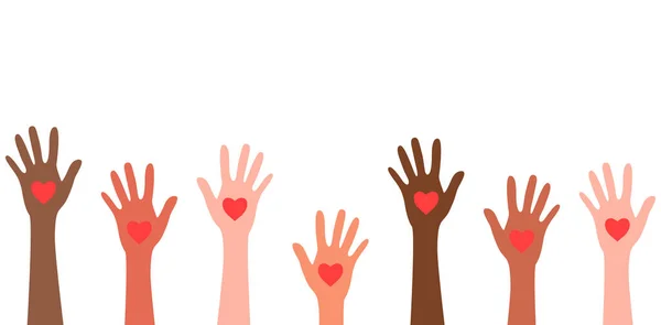 Set Raised Hands Different Skin Color Hearts Flat Vector Isolated — Stockový vektor