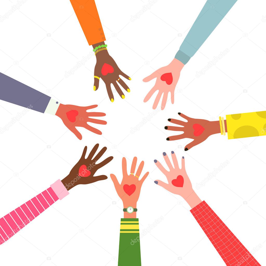 colorful hands in a circle with hearts flat vector illustration isolated on white background, Flat vector colorful hands