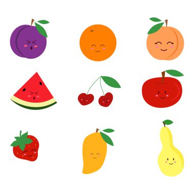Set of cute kawai fruits with faces flat vector illustration isolated on white background