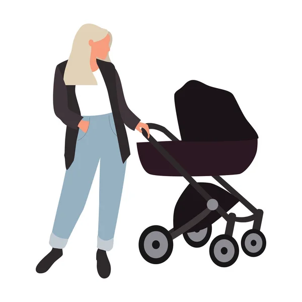 Young Fashionable Woman Baby Stroller Flat Vector Isolated White Background — Archivo Imágenes Vectoriales