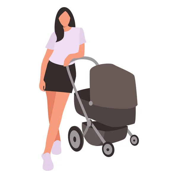 Young Fashionable Woman Baby Stroller Flat Vector Isolated White Background — Stock Vector