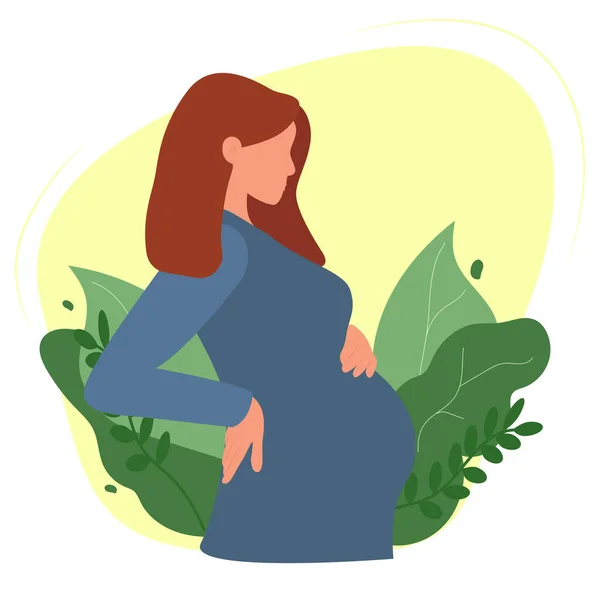 Portrait Young Pregnant Woman Holding Her Belly Flat Vector Plants — Stock Vector