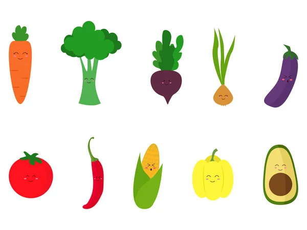 Set Cute Kawai Vegetables Faces Flat Vector Isolated White Background — Stockvektor