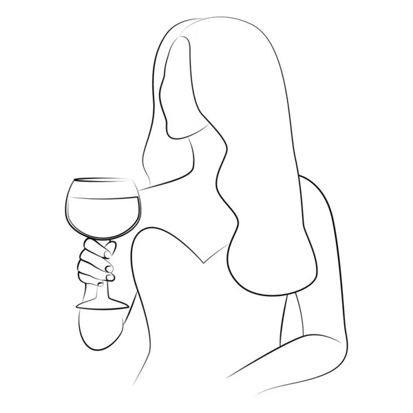 Woman Long Hair Holding Glass Alcohol Line Art Illustration Line — Stock vektor