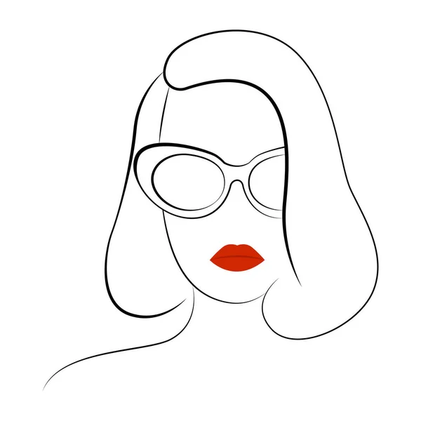 Линия Портрет Женщины Очках Красные Губы Векторной Иллюстрации Красивая Женщина — стоковый вектор