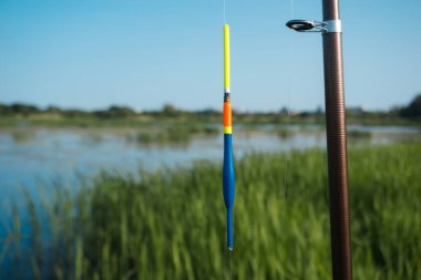 Gölün arka planında oltayla balık tutmak için yüzmek..
