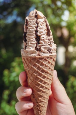 Ellerinde çikolatalı dondurma, doğada yaz. Yeşil arkaplanı kapat.