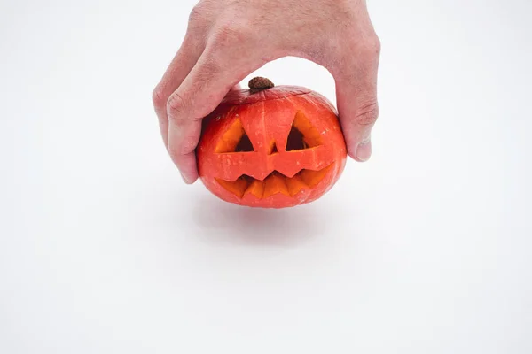 A hand holding a pumpkin on a white background. Pumpkin on a white background. Halloween pumpkin. Halloween decoration.