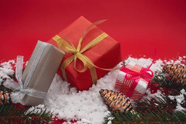 Різдвяні Подарункові Коробки Творча Різдвяна Концепція Різдвяні Подарунки Снігу — стокове фото