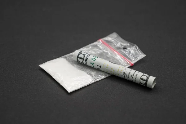 Drogadicción Paquete Drogas Cien Dólares Dólar Enrollado — Foto de Stock