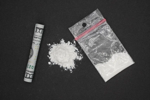 Cocaína Billete Cien Dólares Vista Superior Fondo Negro Una Bolsa — Foto de Stock