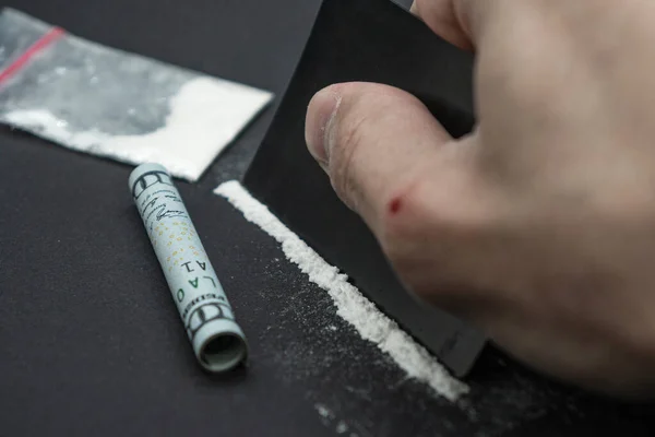 Está Inhalando Cocaína Con Billete Dólar Izquierda Drogadicción Cocaína — Foto de Stock