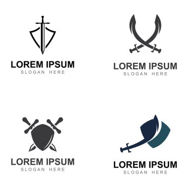 Kılıç, kalkan ve kralın kılıç logosu. Logo vektör tasarımı.