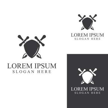 Kılıç, kalkan ve kralın kılıç logosu. Logo vektör tasarımı.