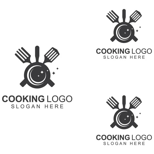 Logos Para Utensilios Cocina Ollas Espátulas Cucharas Cocina Usando Conceptos — Vector de stock