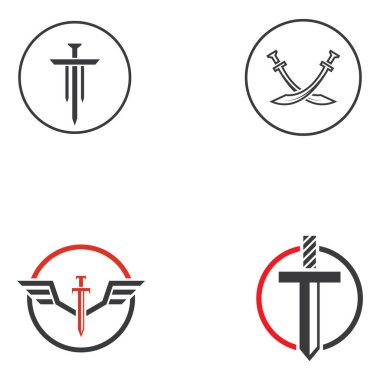 Kılıç, kalkan ve kralın kılıç logosu. Logo vektör tasarımı.