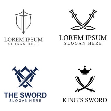 Kılıç, kalkan ve kralın kılıç logosu. Logo vektör tasarımı.